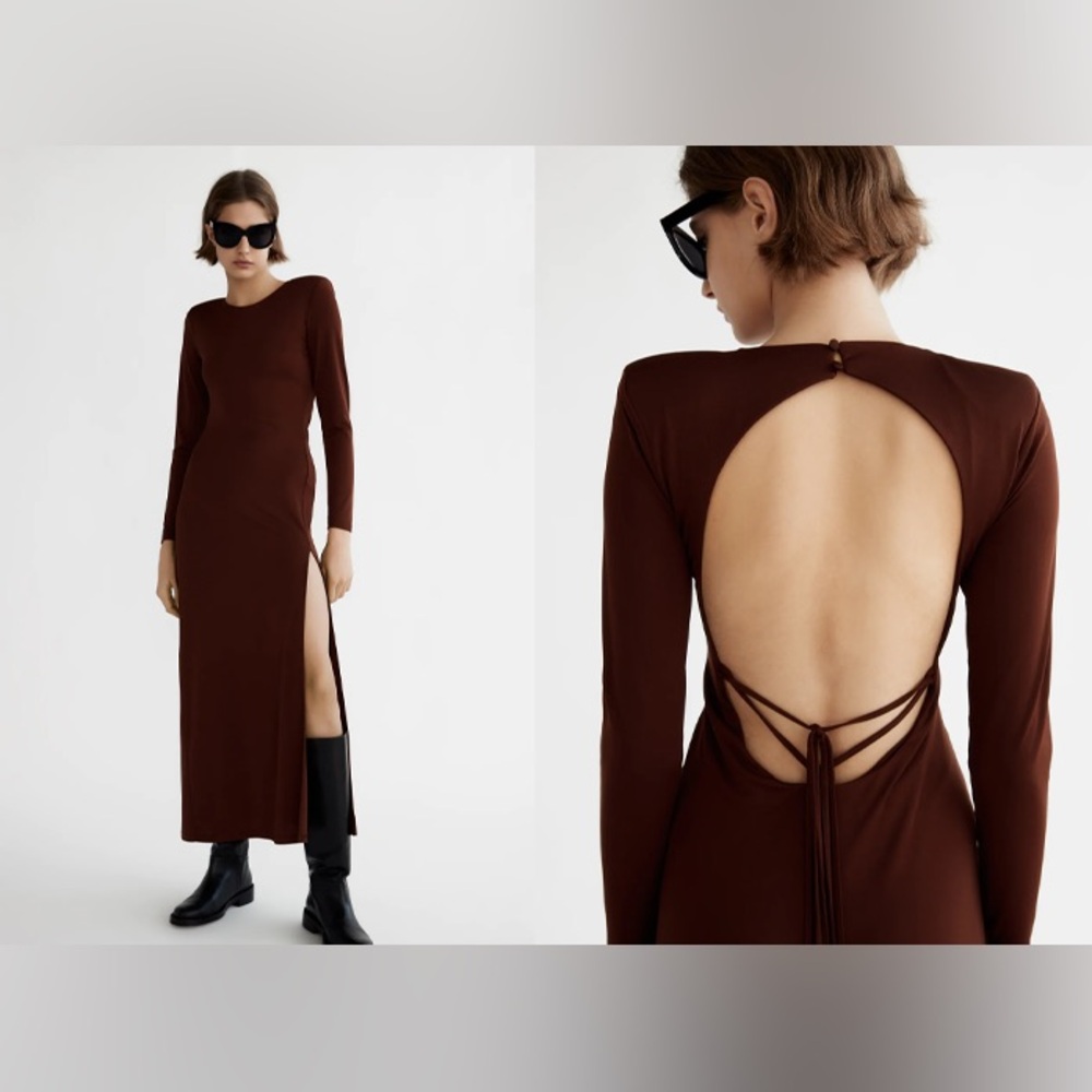 Zara Shoulder Pad Long Brown Dress- NWT